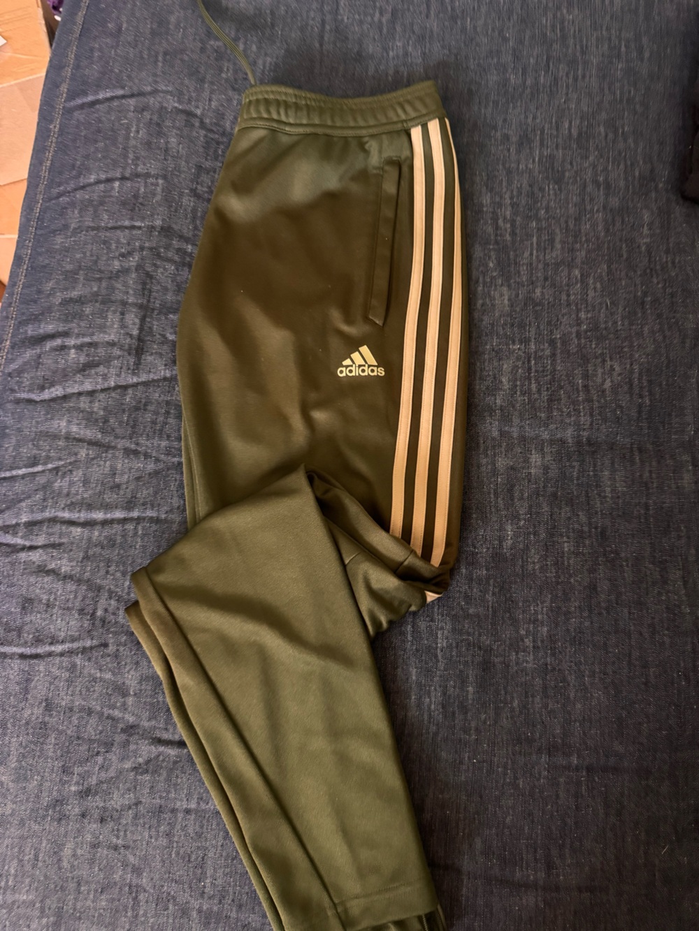 Adidas unisex Olive Green Track Pants with cream Stripes
